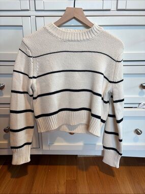 Z Supply Cream and Black Striped Crewneck Sweater